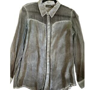 DKNY Denim Blue Blouse Sheer Yoke & Sleeves Button Front Western Boho Top